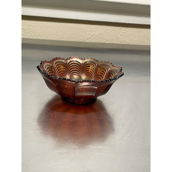 Vintage Fenton Carnival Glass Bowl Ruffled Scallop Edge Peacock Design - Picture 3 of 8